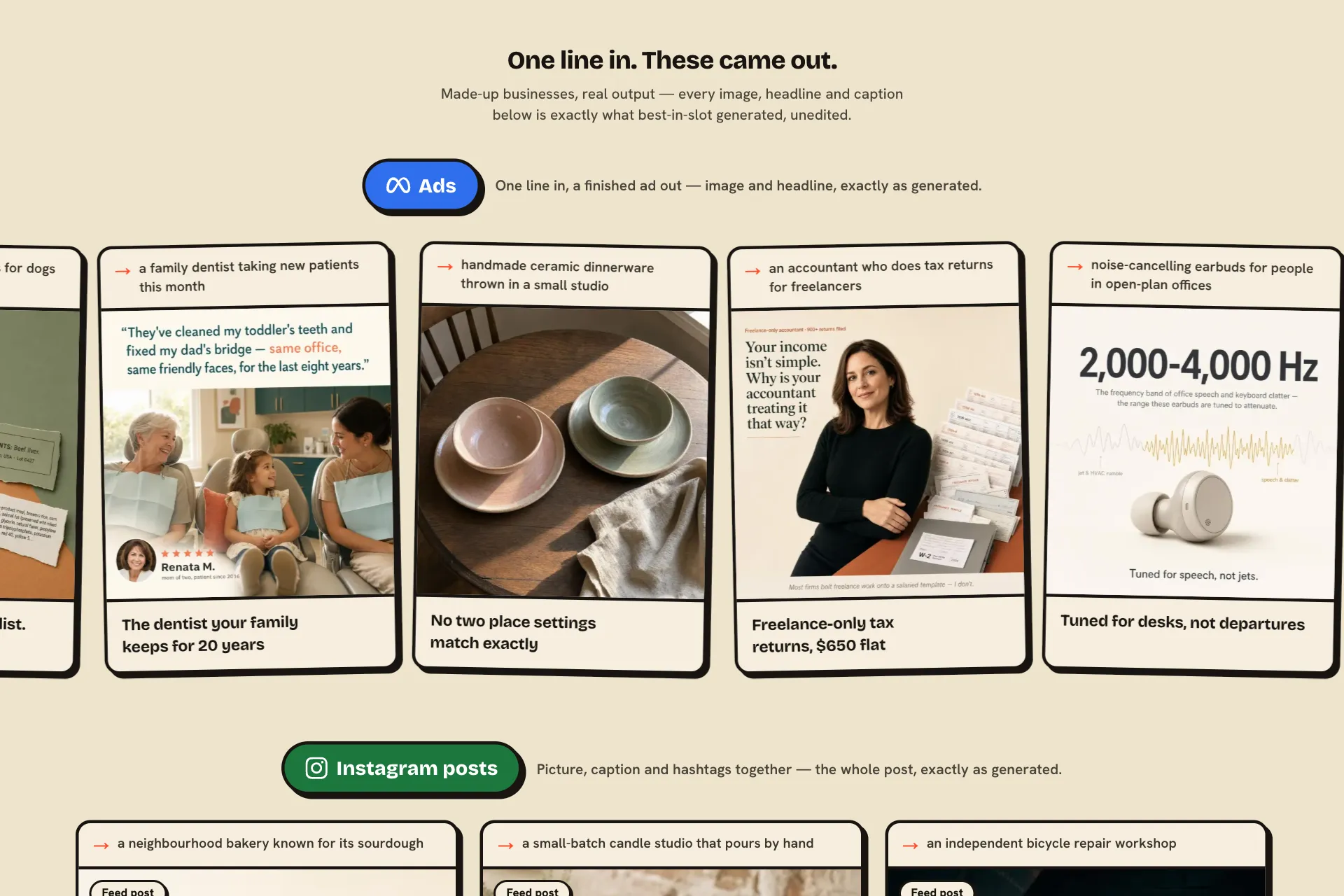 The best-in-slot showcase, ‘One line in. These came out.’ — a reel of generated Meta ads for a family dentist, a ceramics studio, a freelance accountant and an earbud brand.