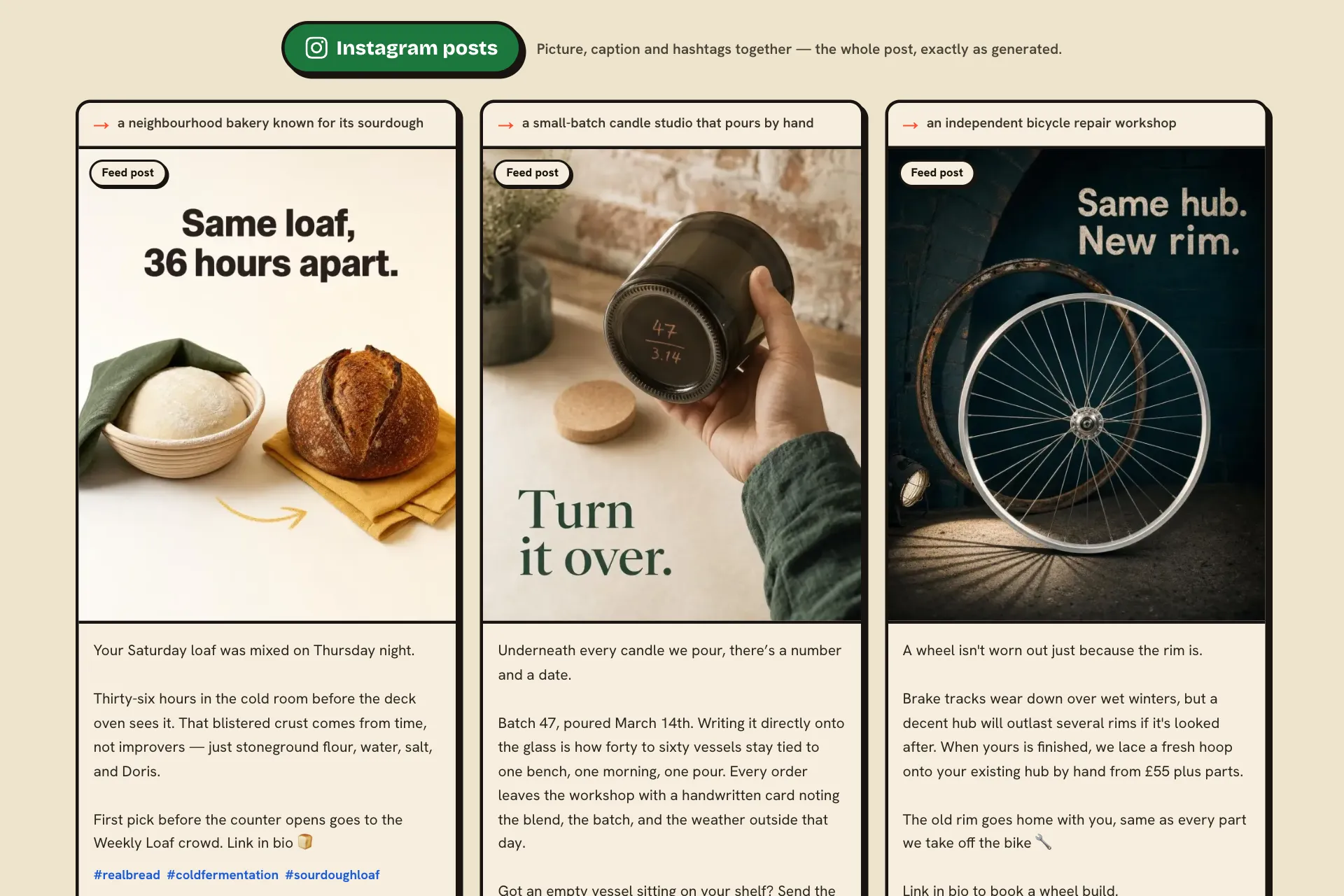 Three generated Instagram feed posts — for a sourdough bakery, a candle studio and a bicycle repair workshop — each with its image, caption and hashtags.