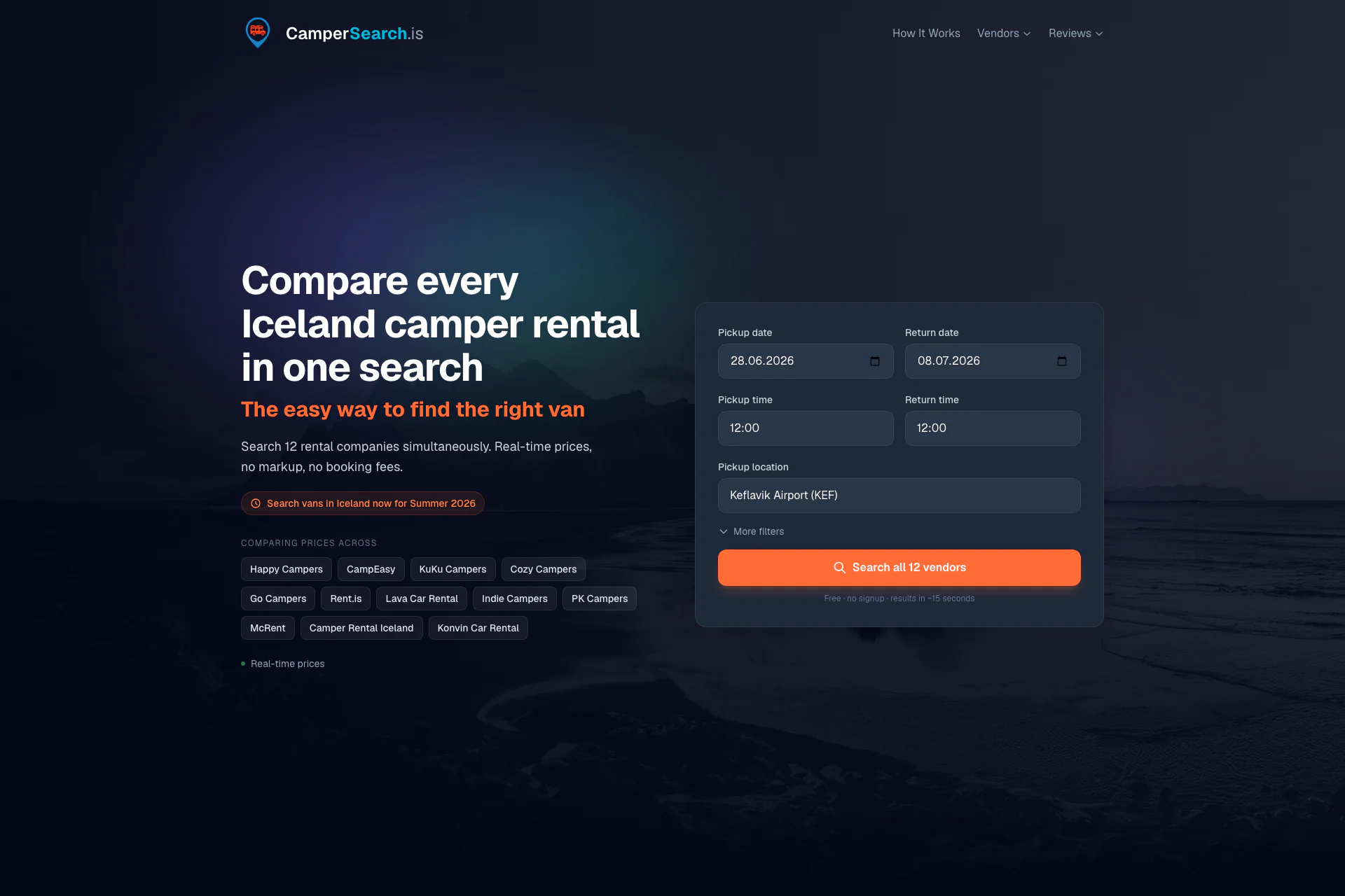 CamperSearch.is homepage — a dark hero over an Iceland landscape with the headline ‘Compare every Iceland camper rental in one search’ and a date-and-location search form.