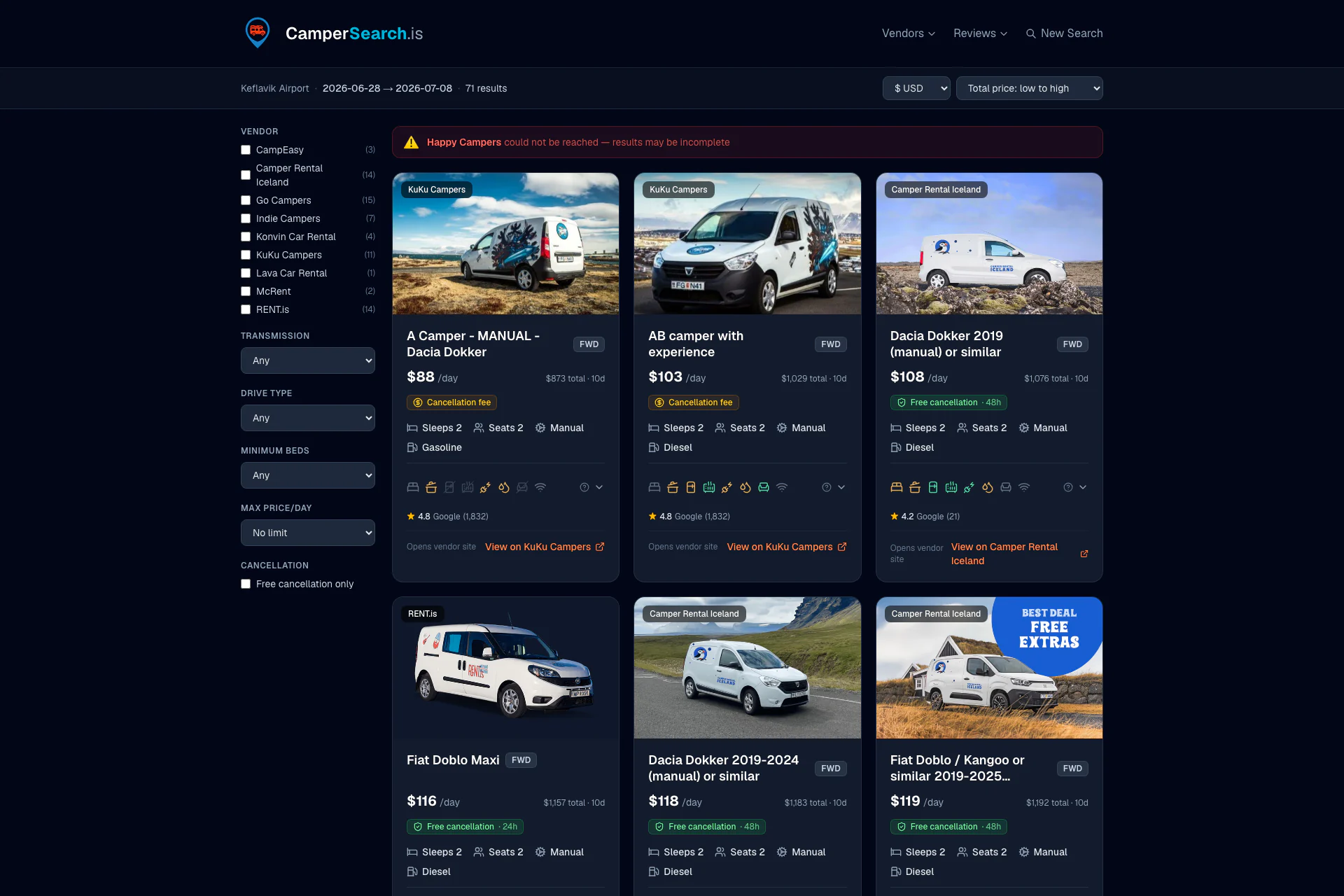A CamperSearch results page — camper vans from several Iceland vendors in a grid with live prices, ratings and equipment, beside filters for vendor, transmission, crew size and price.