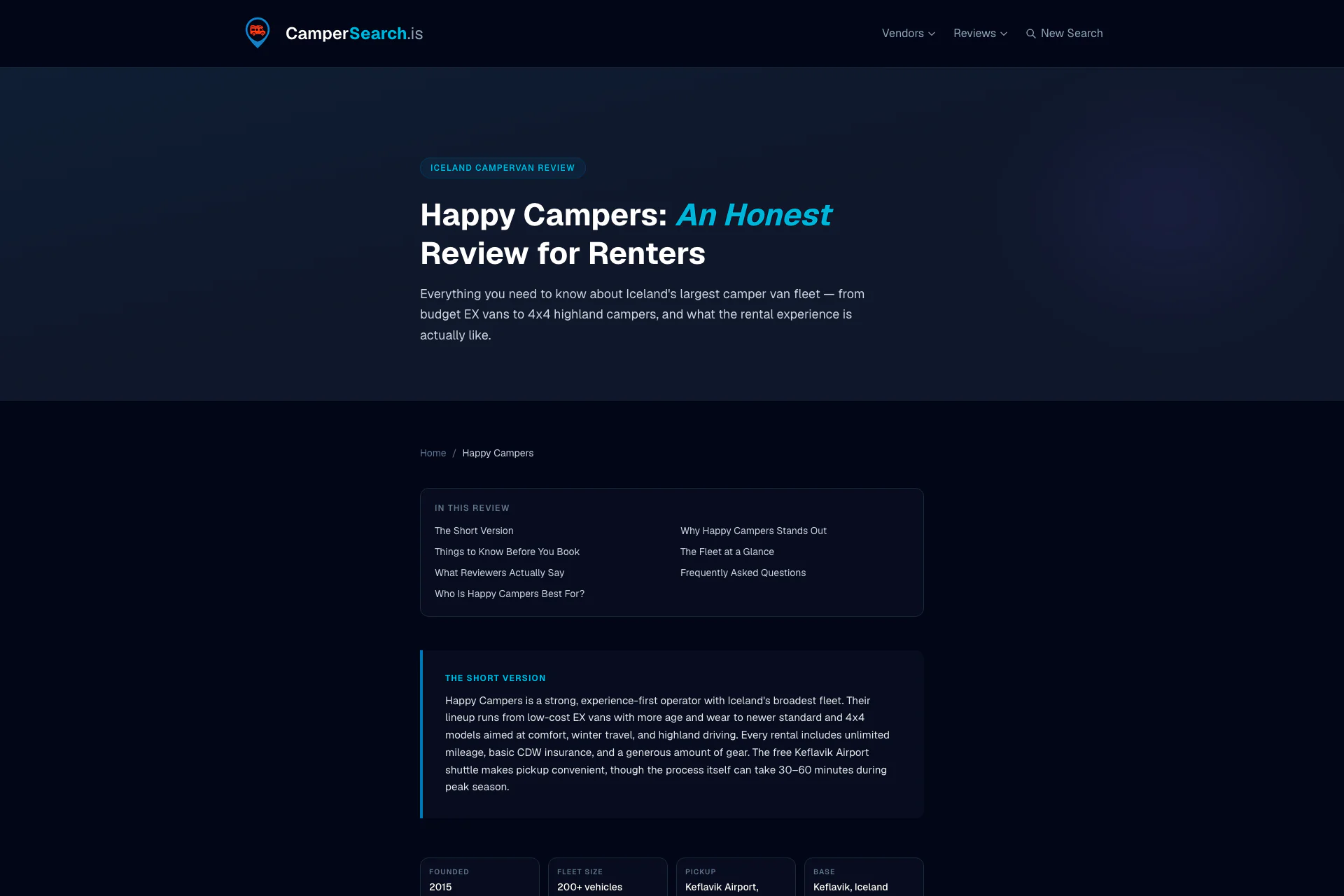 A CamperSearch vendor review page titled ‘Happy Campers: An Honest Review for Renters’, with a table of contents and a short-version summary of the fleet and rental experience.