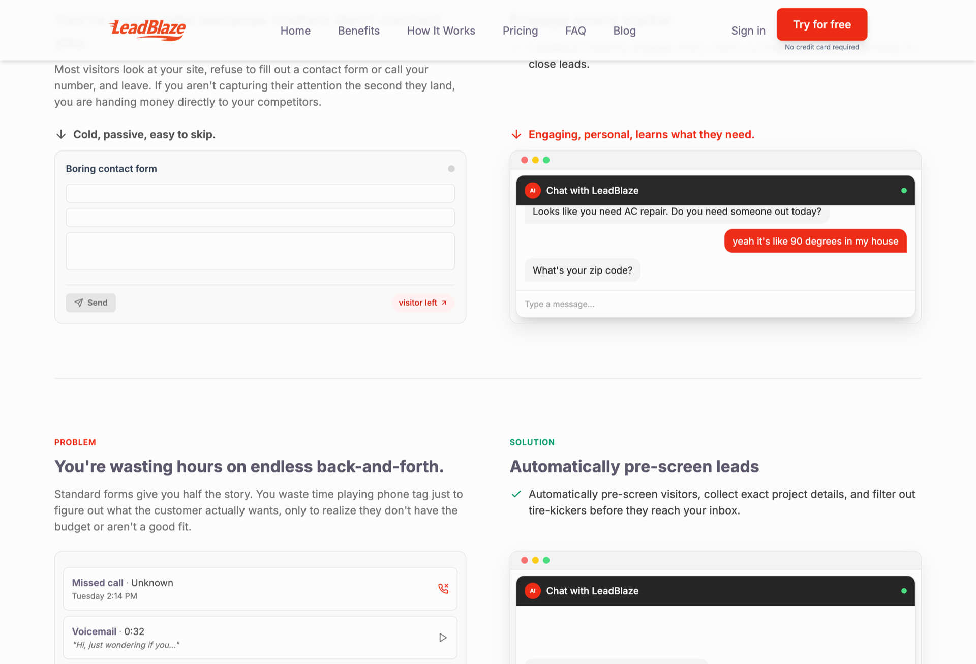 The LeadBlaze chat assistant qualifying a visitor in a live conversation.