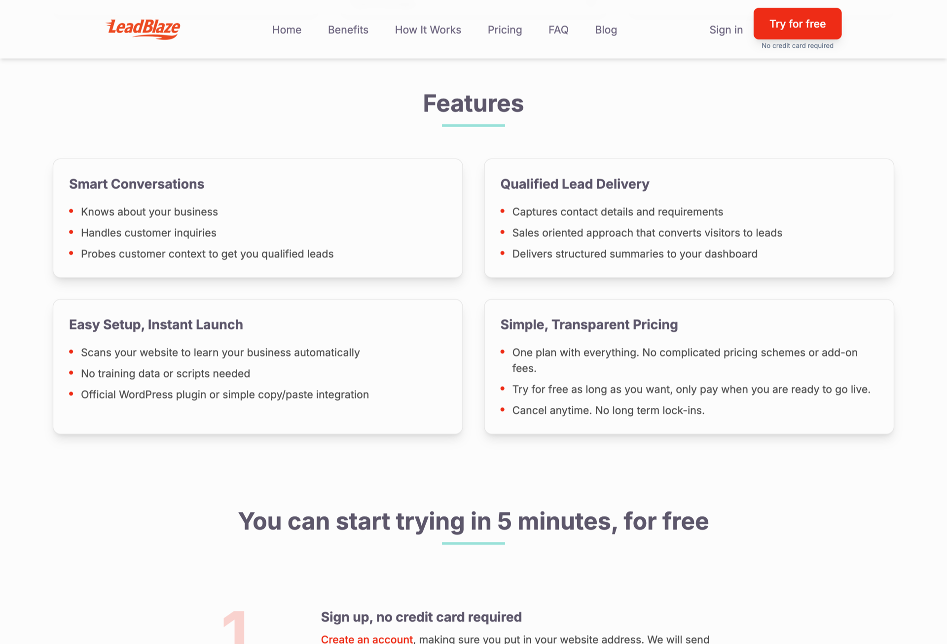 LeadBlaze feature grid — smart conversations, qualified lead delivery, easy setup, and simple transparent pricing.