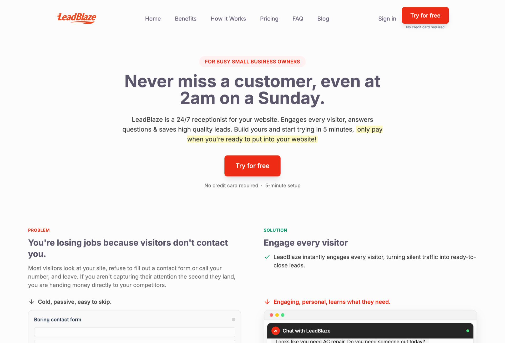 LeadBlaze homepage — the headline reads ‘Never miss a customer, even at 2am on a Sunday.’