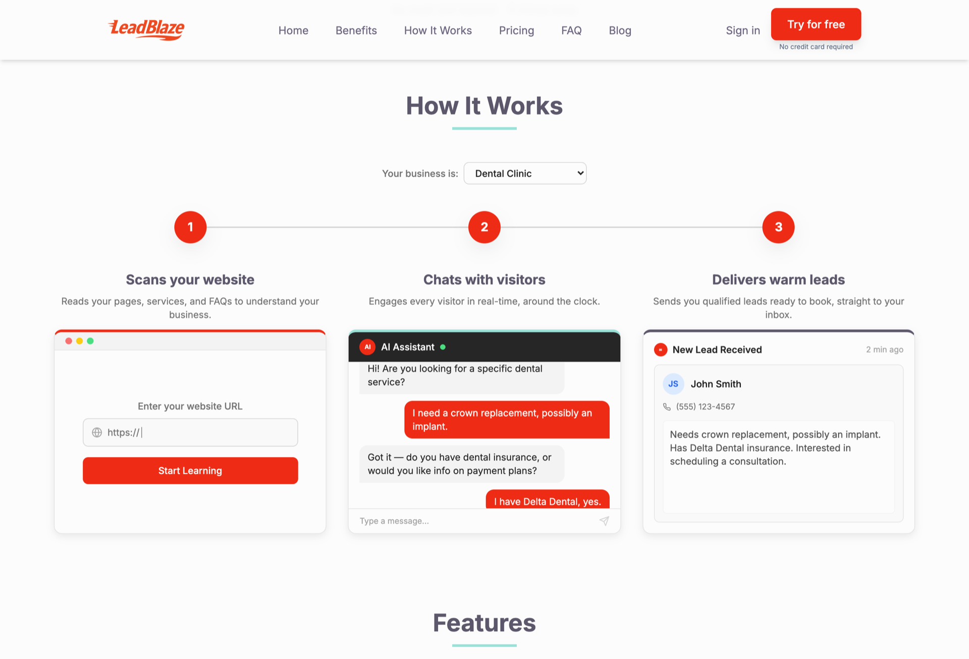 LeadBlaze ‘How It Works’ — three steps: scans your website, chats with visitors, delivers warm leads.